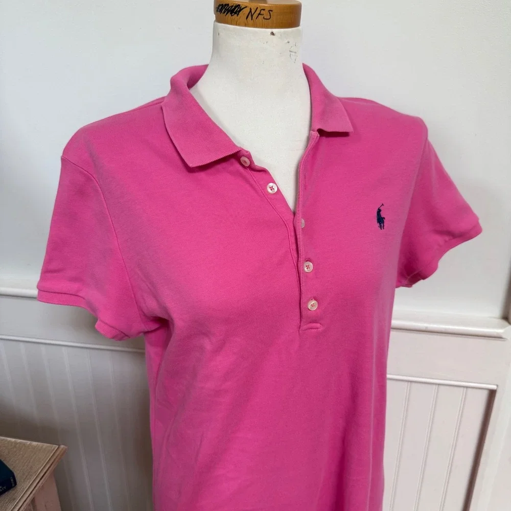 Ralph Lauren Pink Cotton Pique Polo Shirt Dress XL Navy Blue Pony Logo Short Slv - Picture 2 of 6